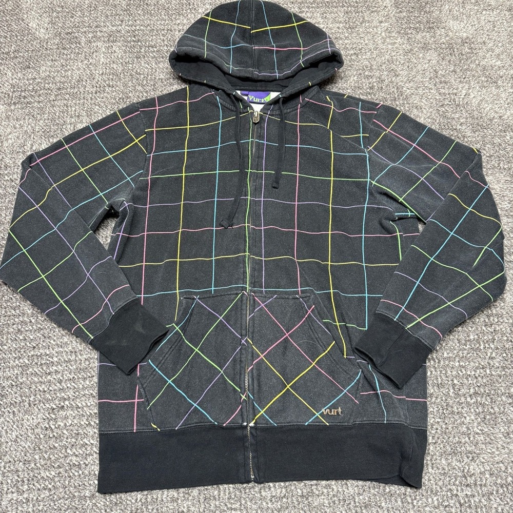 Vurt Mens Full Zip Hoodie Size L Black‎ Multicolor Grid Print Sweatshirt Y2K